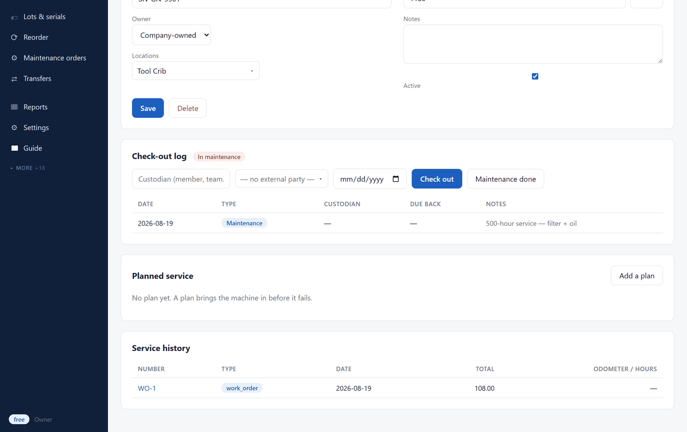 A single asset — its check-out log, planned service and service history