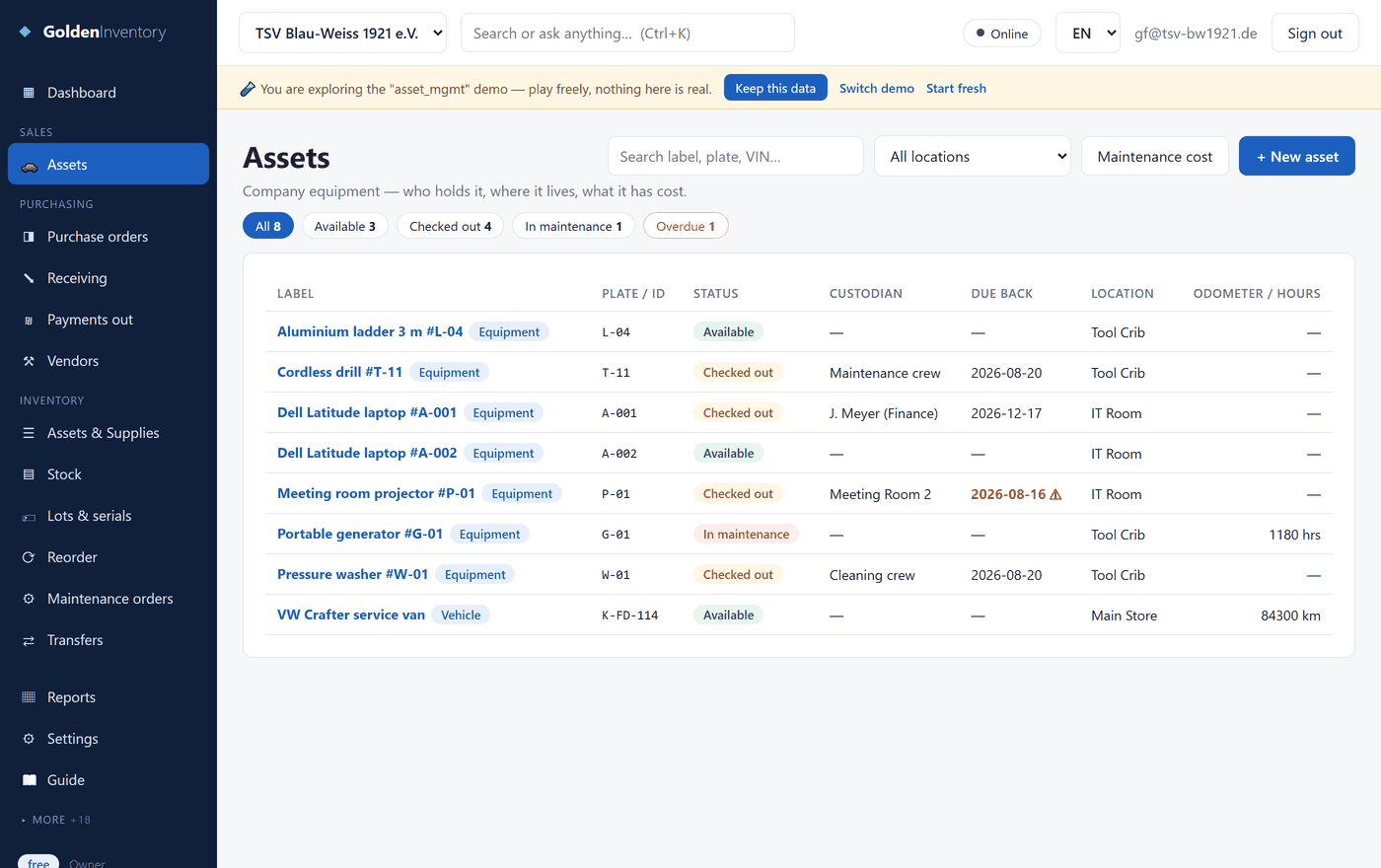 The asset register — status chips, custodian, due-back date, location and hours per unit